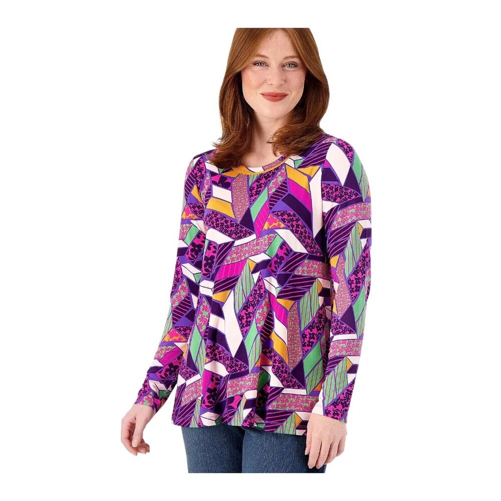 LOGO by Lori Goldstein Top Size Medium Rayon 230 Printed Long Sleeve Eclectic